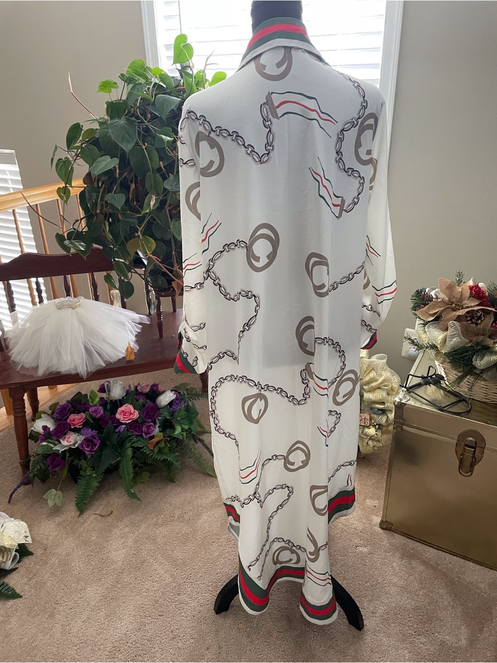 White Chain-Print Long Shirt Dress with Stripe Trim - Picture 2 of 5